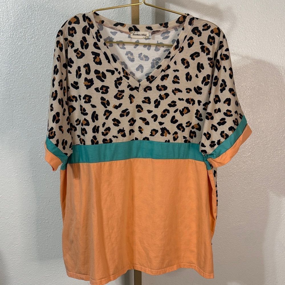 Southern Stitch- V neck-Leopard Print Top with teal and orange Accents- Size XL